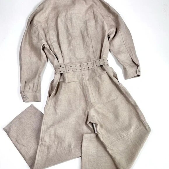 NWT MICHAEL Michael Kors NEW Linen Coveralls Jumpsuit In Light Tan/Hemp Size L - Picture 3 of 14